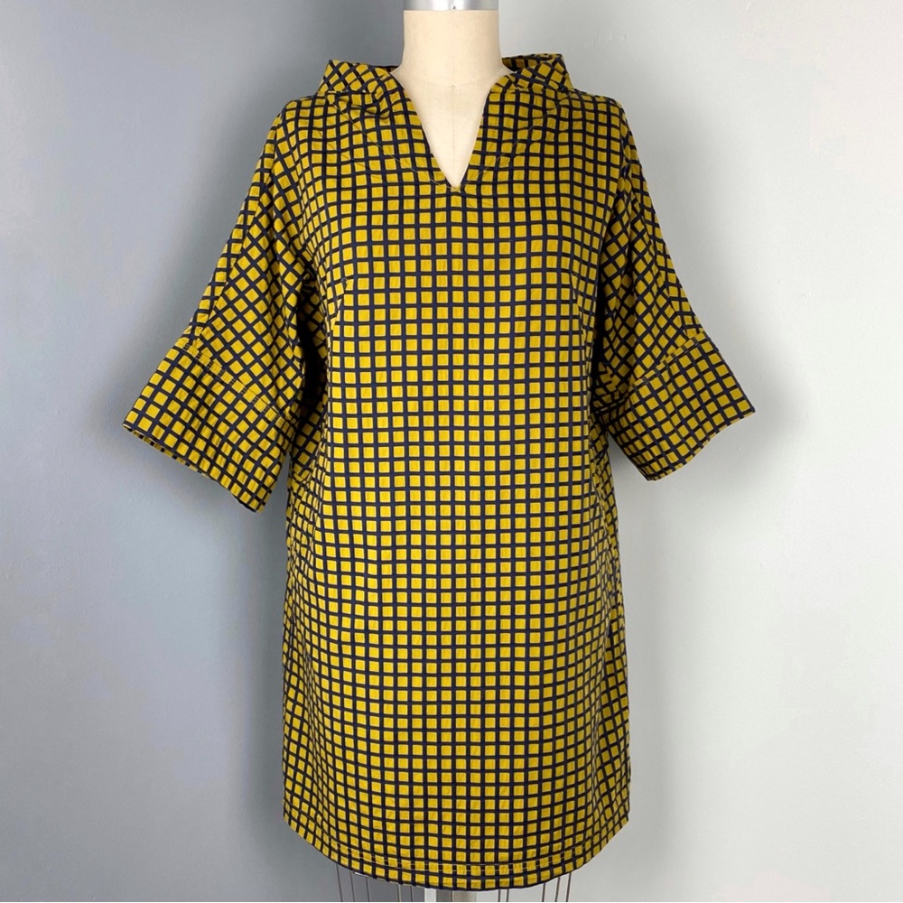 Donoratico Women's Windowpane Check Print Loose Fit Dress Yellow Size S